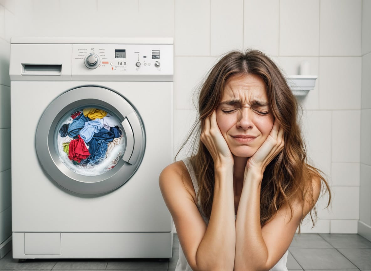 γυναίκα κλείνει τα αυτιά της γιατί το πλυντήριο κάνει πολύ θόρυβο
