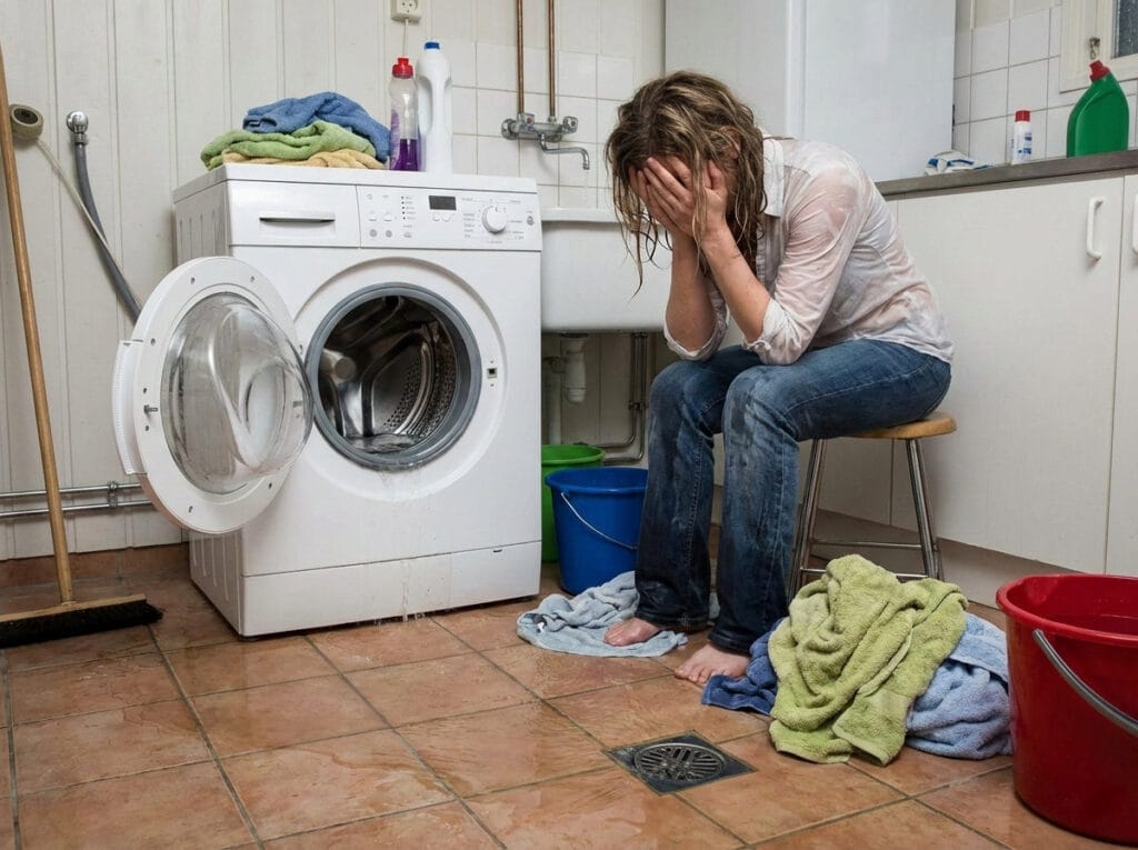 γυναίκα σε απόγνωση δίπλα σε χαλασμένο πλυντήριο ρούχων που χρειάζεται επισκευή